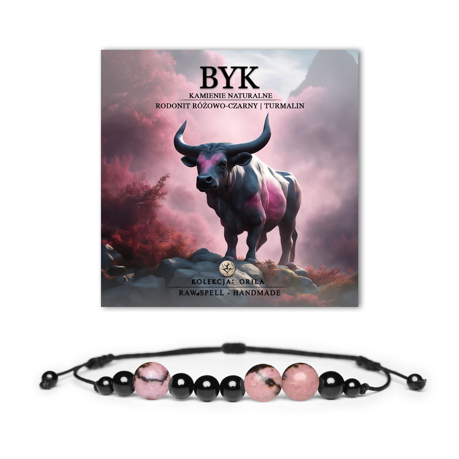 Bransoletka z kamieni Rodonitu i Turmalinu na sznurku, unisex, dla Byka. Kolekcja Orila – symbol harmonii i ochrony.