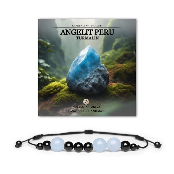 Naturalne kamienie w bransoletce Orila – angelit z Peru i turmalin, idealne dla kobiet i mężczyzn.
