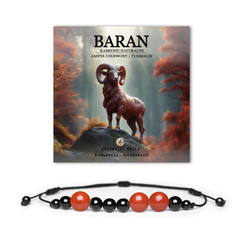 Bransoletka z naturalnych kamieni na sznurku, symbol znaku Zodiaku Baran, z jaspisem czerwonym i turmalinem, dla kobiet i mężczyzn. Bransoletka z kamieni naturalnych dla Barana – jaspis czerwony i turmalin, unisex, kolekcja Orila, styl i energia w jednym.