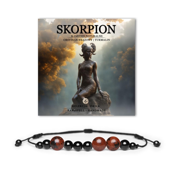 Biżuteria Skorpion: Bransoletka z naturalnych kamieni, obsydian i turmalin, na sznurku, idealna dla niego i niej – kolekcja Orila.