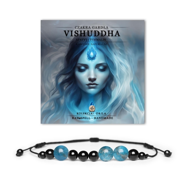 Kolekcja Orila: bransoletka z naturalnych kamieni, turmalin i apatyt, wspiera czakrę gardła Vishuddh, idealna dla miłośników naturalnej biżuterii.