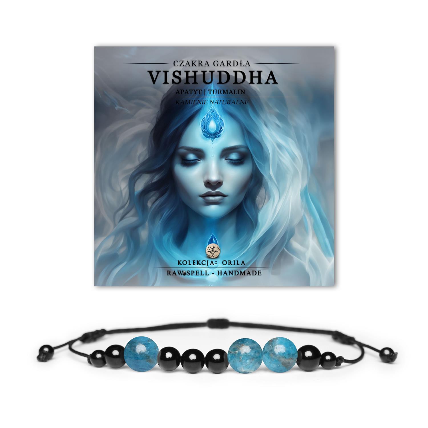 Kolekcja Orila: bransoletka z naturalnych kamieni, turmalin i apatyt, wspiera czakrę gardła Vishuddh, idealna dla miłośników naturalnej biżuterii.