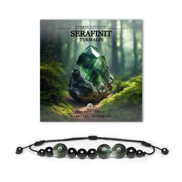 Elegancka bransoletka Orila z kamieniami naturalnymi – serafinitem i turmalinem, dla kobiet i mężczyzn.