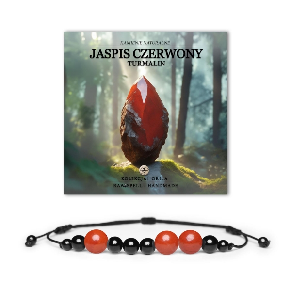 Naturalna bransoletka Orila z kamieniami: Jaspis Czerwony i Turmalin, idealna dla kobiet i mężczyzn.