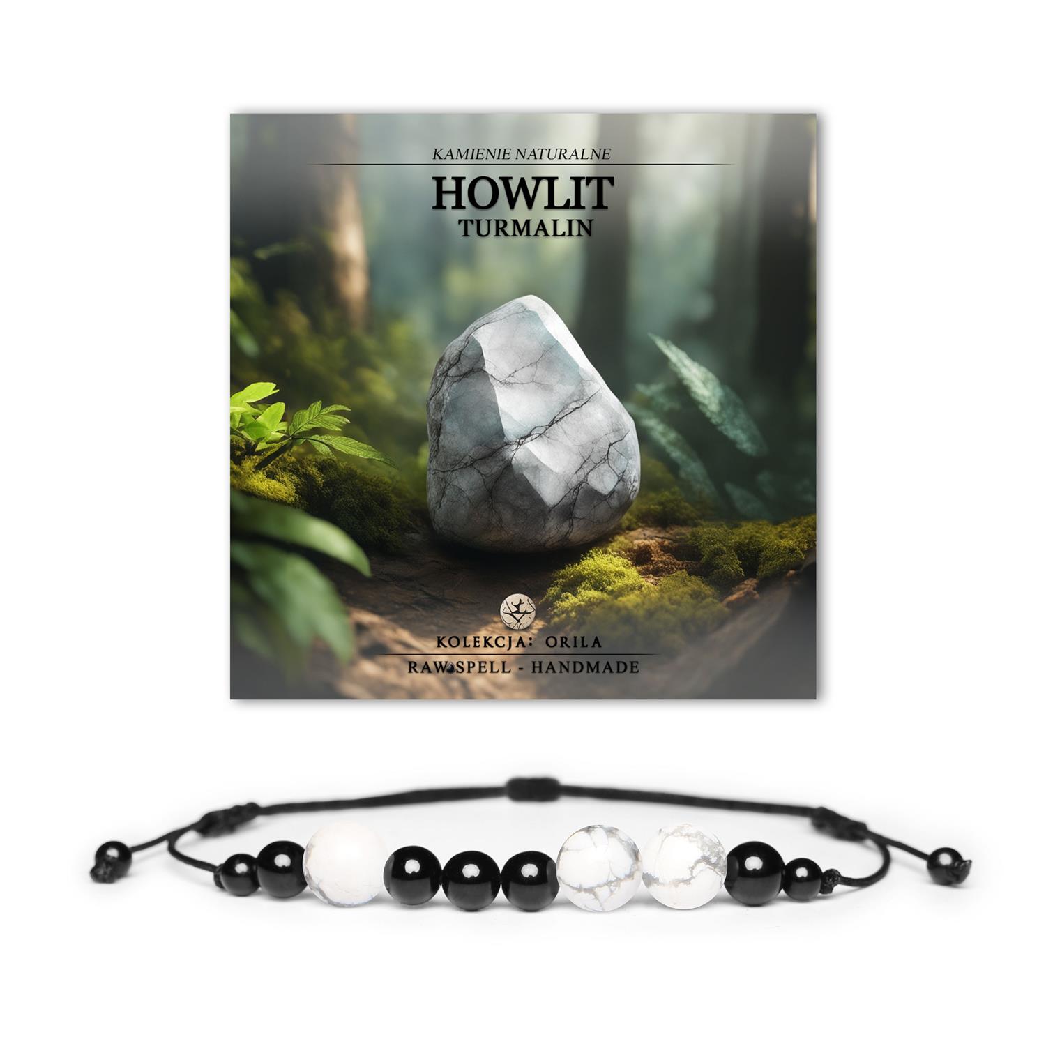 Naturalna bransoletka z kolekcji Orila, z kamieniami howlit i turmalin, dla kobiet i mężczyzn.