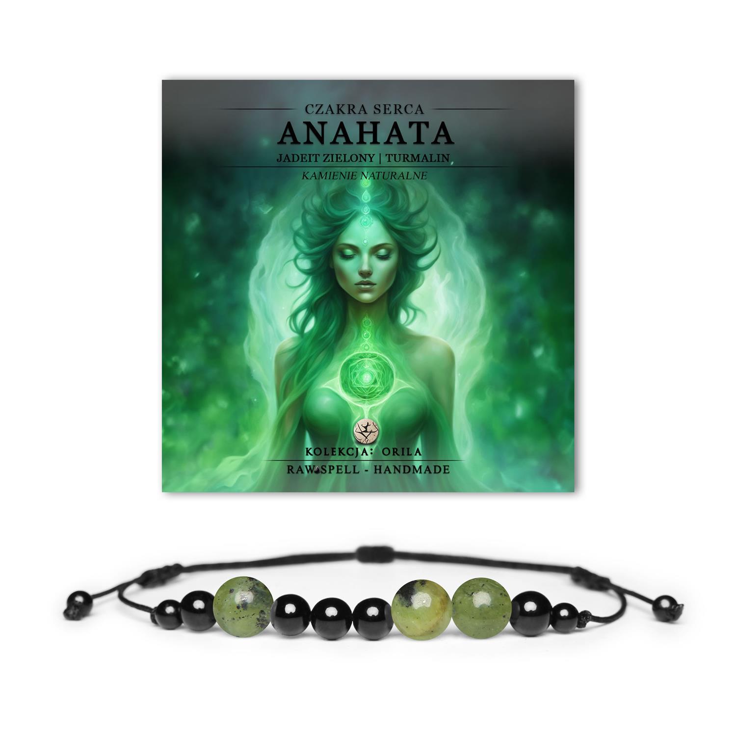 Bransoletka z kamieni naturalnych, Jadeit i turmalin, symbol czakry serca Anahata. Kolekcja Orila, piękno i energia w jednym.