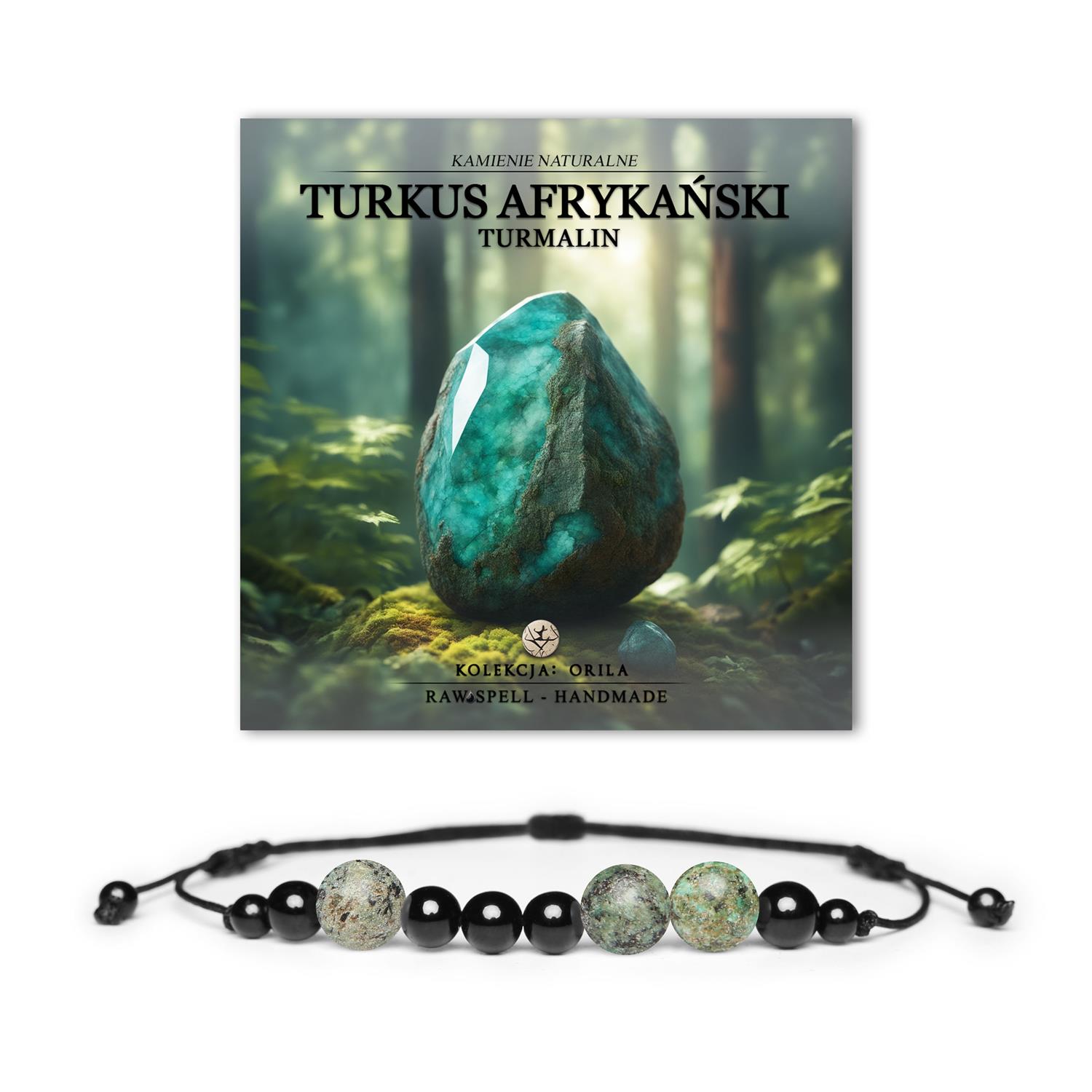 Elegancka bransoletka Orila z naturalnym Turkusem Afrykańskim i Turmalinem, uniwersalna dla kobiet i mężczyzn.