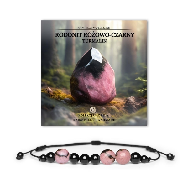 Bransoletka z kolekcji Orila z kamieniami: rodonit różowo-czarny i turmalin, dedykowana dla kobiet i mężczyzn.