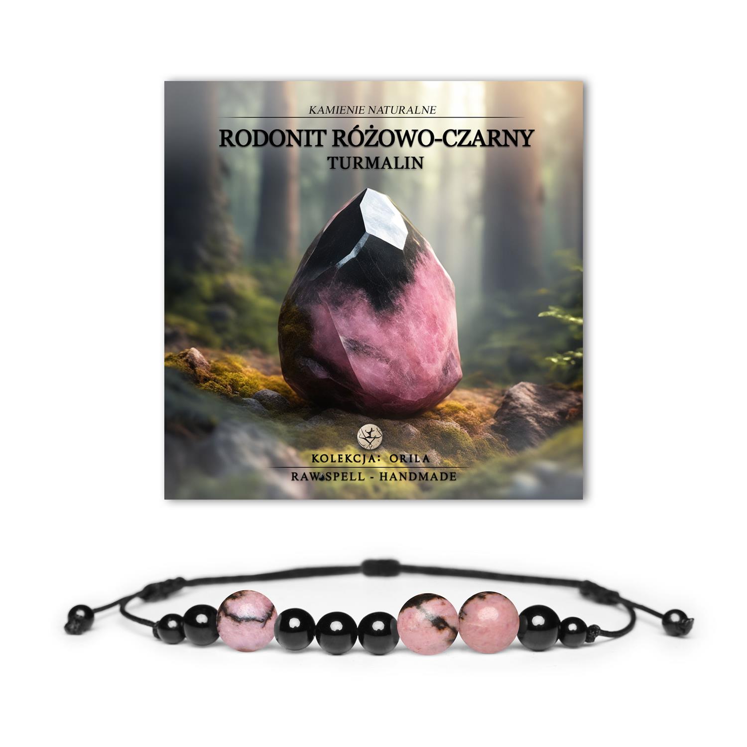 Bransoletka z kolekcji Orila z kamieniami: rodonit różowo-czarny i turmalin, dedykowana dla kobiet i mężczyzn.