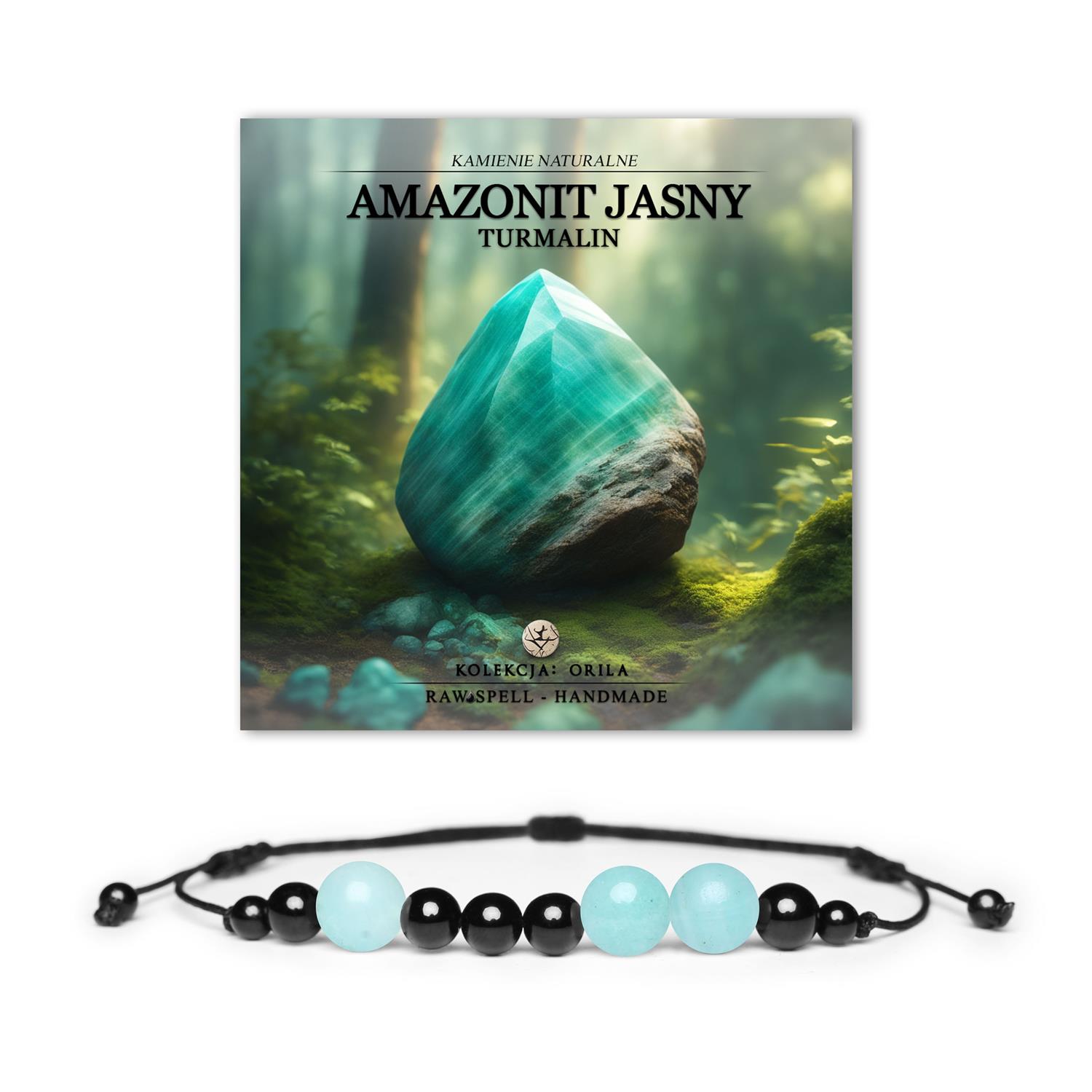 Bransoletka z naturalnych kamieni Amazonit Jasny i Turmalin z kolekcji Orila, uniwersalna dla kobiet i mężczyzn.