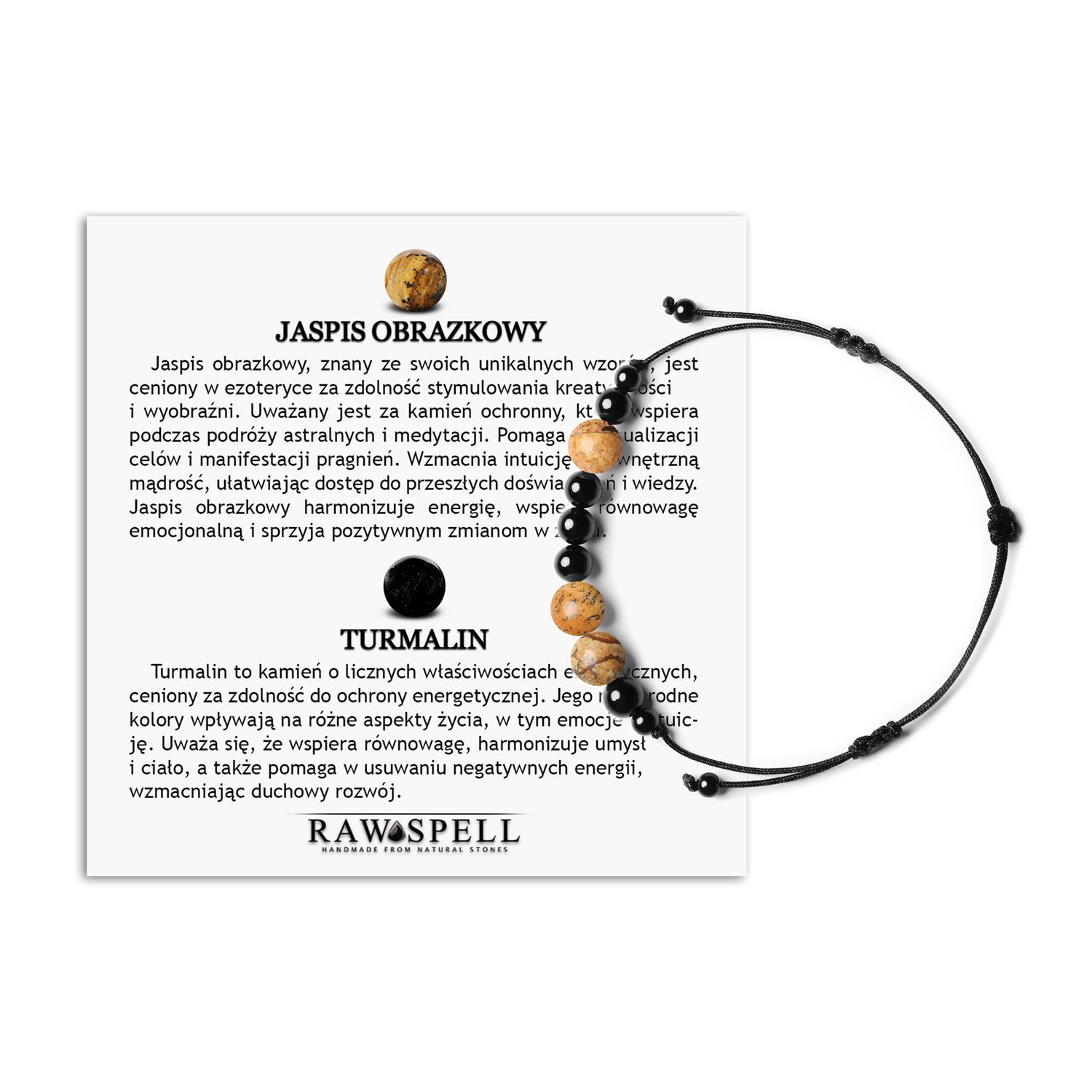 Naturalne kamienie bransoletka na sznurku kolekcja Orila Jaspis Obrazkowy Turmalin dla Kobiet i Mężczyzn Elegancka bransoletka z kolekcji Orila z kamieniami naturalnymi: jaspisem obrazkowym i turmalinem, uniwersalna dla kobiet i mężczyzn.