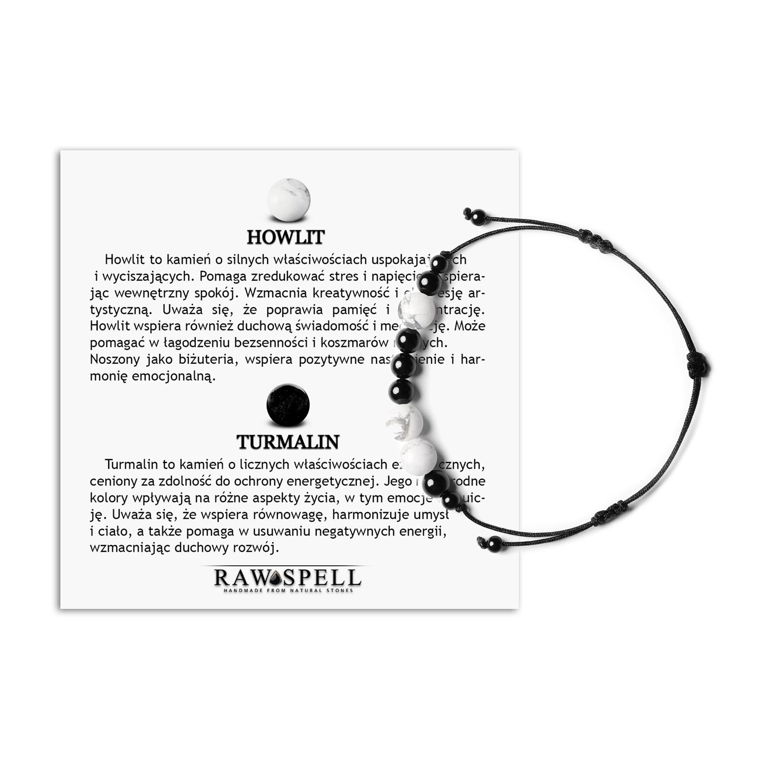 Naturalne kamienie w bransoletce Orila - howlit, turmalin Dla Kobiet i Mężczyzn Bransoletka z kolekcji Orila z kamieniami naturalnymi: howlit i turmalin, dla kobiet i mężczyzn.