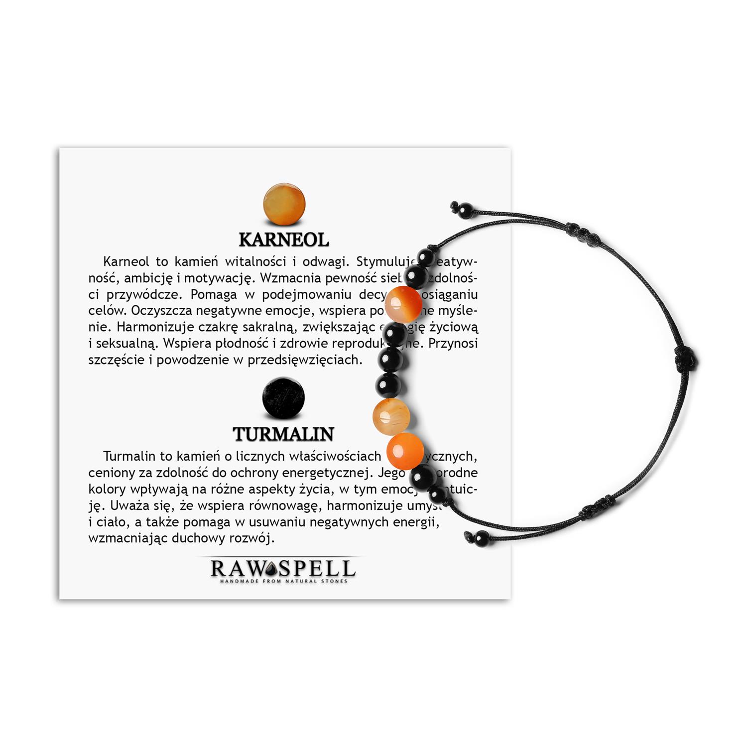 Naturalne kamienie w bransoletce na sznurku z kolekcji Orila Karneol i Turmalin dla Kobiet i Mężczyzn Kolekcja Orila: bransoletka z naturalnych kamieni – karneolu i turmalinu, uniwersalna dla kobiet i mężczyzn.