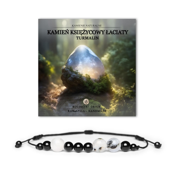 Bransoletka z naturalnymi kamieniami Księżycowym Łaciatym i Turmalinem z kolekcji Orila, dla kobiet i mężczyzn.