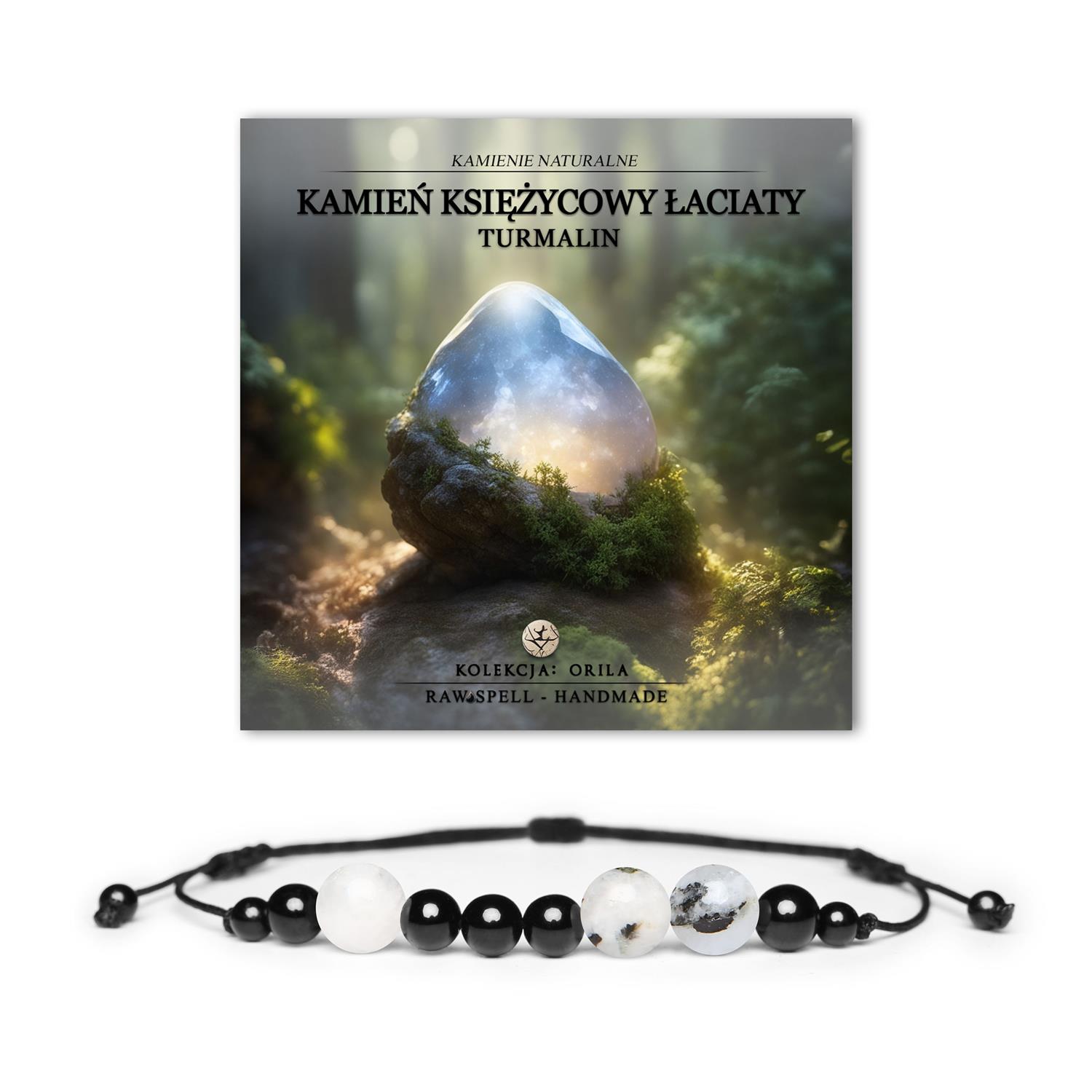 Bransoletka z naturalnymi kamieniami Księżycowym Łaciatym i Turmalinem z kolekcji Orila, dla kobiet i mężczyzn.