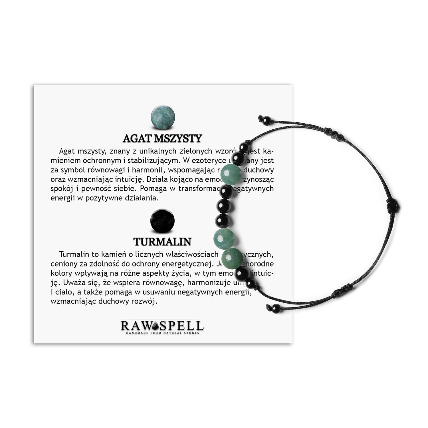 Orila Bransoletka z kamieni naturalnych na sznurku Agat Mszysty Turmalin dla Kobiet i Mężczyzn Bransoletka z kolekcji Orila z kamieniami naturalnymi: agat mszysty i turmalin, dla kobiet i mężczyzn.