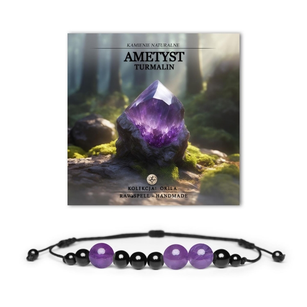 Bransoletka z kolekcji Orila z naturalnymi kamieniami: ametyst i turmalin, uniwersalny dodatek dla kobiet i mężczyzn.