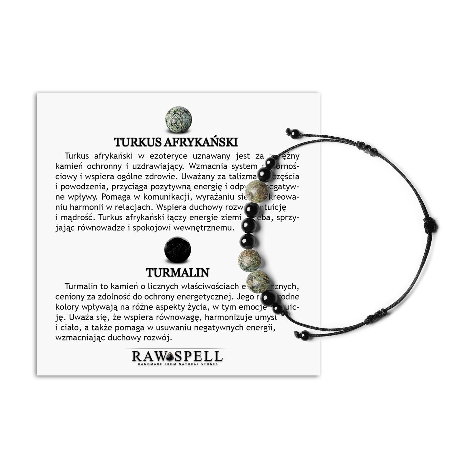 Orila Bransoletka z kamieni naturalnych na sznurku Turkus Afrykański Turmalin dla kobiet i mężczyzn Bransoletka z kolekcji Orila z naturalnymi kamieniami: Turkus Afrykański i Turmalin, dla kobiet i mężczyzn.